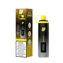 Zooy Shisha 25000 Puffs Vape Desechable al por mayor 21 El vape Zooy Shisha 25000 Banana Ice se muestra con un envase que incluye funcionalidad boca-pulmón, tapa antipolvo y características de flujo de aire ajustable; advertencia para menores, mujeres embarazadas y no fumadores visible.