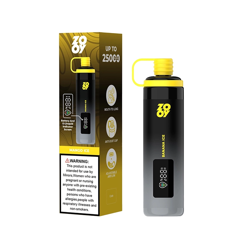 Zooy Shisha 25000 Puffs Vape Desechable al por mayor 10 El vape Zooy Shisha 25000 Banana Ice se muestra con un envase que incluye funcionalidad boca-pulmón, tapa antipolvo y características de flujo de aire ajustable; advertencia para menores, mujeres embarazadas y no fumadores visible.