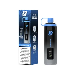 Vape usa e getta Zooy Shisha al gusto Blueberry Ice, con schermo indicatore e tappo antipolvere, accanto alla confezione con marchio e capacità di "25000" puff.