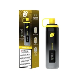 Zooy Shisha 25000 Puffs Vape Desechable al por mayor 19 Dispositivo de vapeo Zooy Shisha Mango Ice con capacidad para 25000 caladas, con un diseño negro y amarillo, pantalla LED y embalaje acompañado.