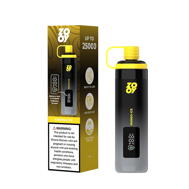 Zooy Shisha 25000 Puffs Vape Desechable al por mayor 8 Dispositivo de vapeo Zooy Shisha Mango Ice con capacidad para 25000 caladas, con un diseño negro y amarillo, pantalla LED y embalaje acompañado.