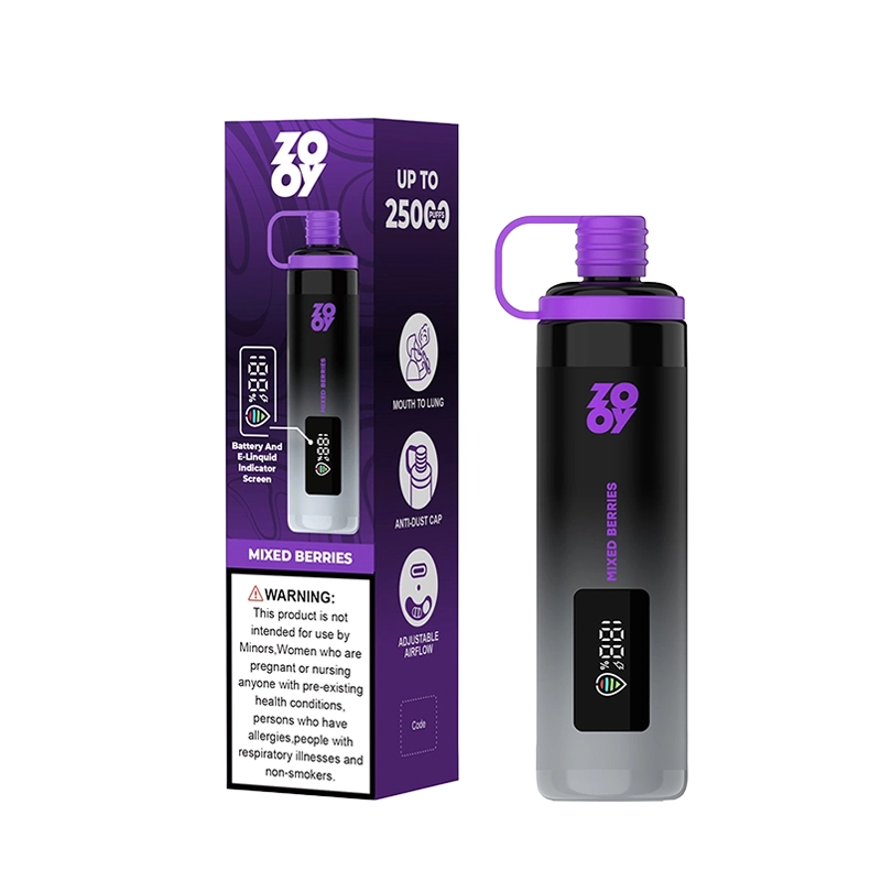 Zooy Shisha 25000 Puffs Vape Desechable al por mayor 7 Zooy Shisha vape mostrando "25000 Puffs" con diseño negro y morado junto a caja con texto de sabor "Mixed Berries" y características del producto.