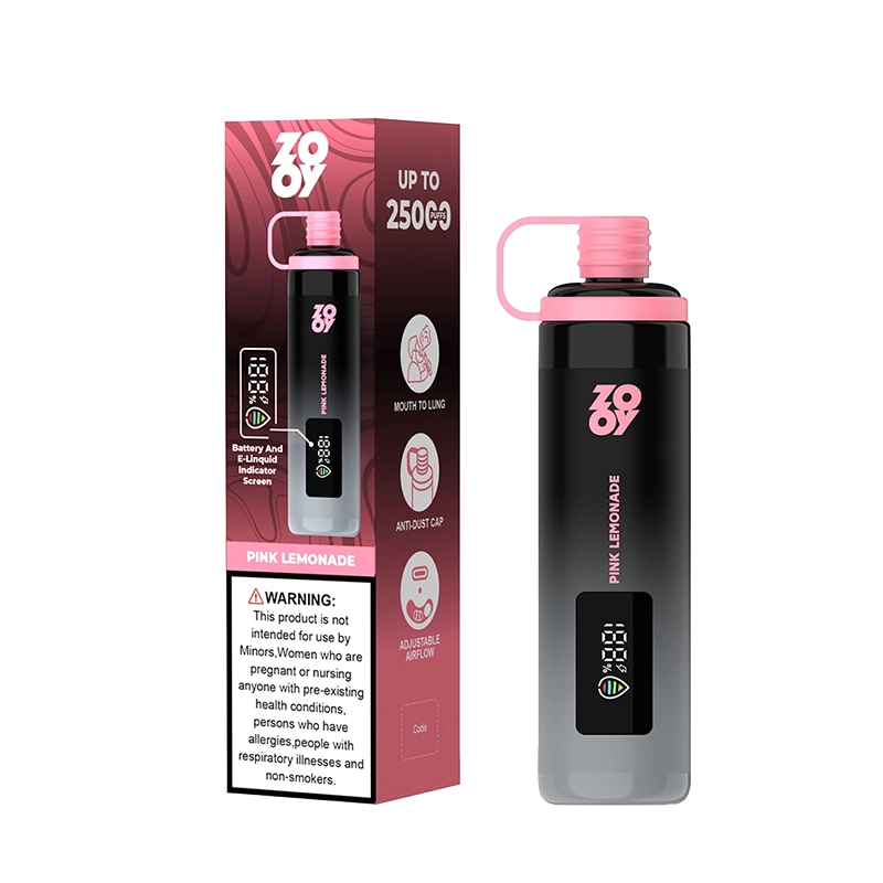 Zooy Shisha 25000 Puffs Vape Desechable al por mayor 6 Vapeador Zooy Shisha en sabor Pink Lemonade con una capacidad de hasta 25000 caladas, con un indicador visible de batería y e-líquido en el envase y en el dispositivo.