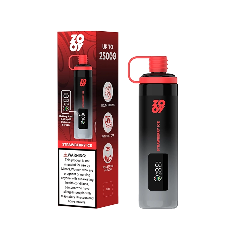 Zooy Shisha 25000 Puffs Vape Desechable al por mayor 5 Dispositivo de vapeo shisha Zooy mostrando el sabor "Strawberry Ice" junto a su caja de marca con "hasta 25000" caladas e indicadores de batería y e-líquido.