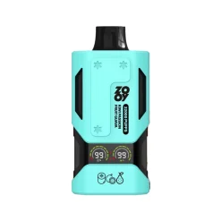 Dispositivo di vaporizzazione Zooy turchese e nero con "22000 PUFFS", testo "Kiwi Passion Fruit Guava" e display digitale con indicatori di durata della batteria.