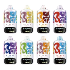 Åtta ELFBAR Combo Pro uppladdningsbara engångsapparater i olika färgmönster, alla med smart display på framsidan - upp till 30.000 puffar.