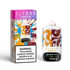 Urządzenie jednorazowego użytku ELFBAR Combo Pro i pudełko z pomarańczowo-brązowym abstrakcyjnym wzorem z napisem Elfbull & Lime Cola.