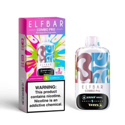 Urządzenie jednorazowego użytku ELFBAR Combo Pro i pudełko z różowym, turkusowym i niebieskim abstrakcyjnym wzorem, oznaczone jako Jasmine Raspberry & Blueberry Ice.