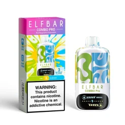Akumulatorowe urządzenie jednorazowe ELFBAR Combo Pro i pudełko z zielono-niebieskim abstrakcyjnym wzorem, oznaczone jako Lime & Blue Razz.