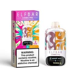 Akumulatorowe urządzenie jednorazowe ELFBAR Combo Pro i pudełko z pomarańczowym, różowym i turkusowym abstrakcyjnym wzorem, oznaczone jako Peach & Triple Mango.