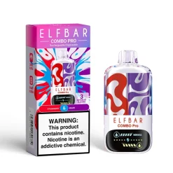 Urządzenie jednorazowe ELFBAR Combo Pro z możliwością ładowania i pudełko z kolorowym czerwonym, fioletowym i niebieskim wzorem, oznaczone jako Strawberry & Grape.