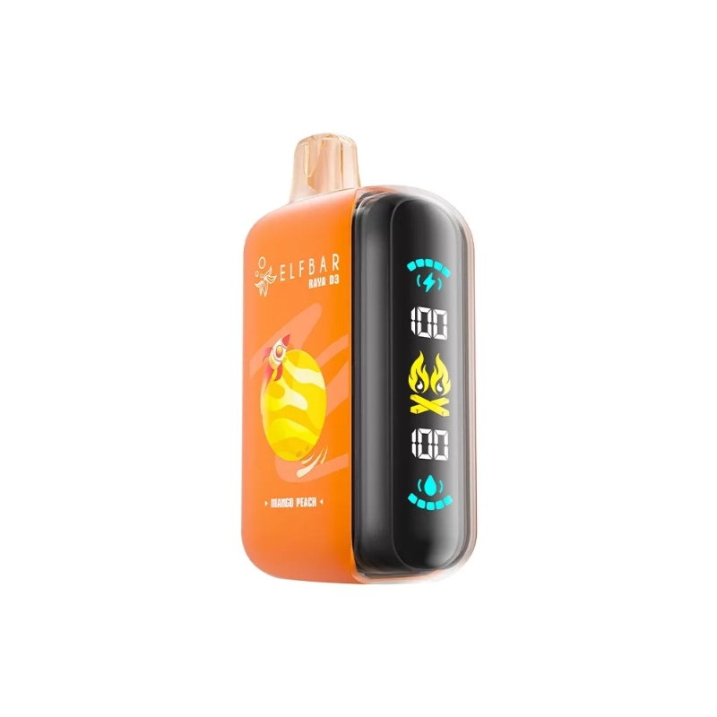 Elf Bar Raya D3 25000 Puffs Wegwerp Vape Groothandel 7 Oranje ELFBAR D3 25000 puffs wegwerpvape in Mango Peach-ontwerp met planet artwork, geïntegreerd mondstuk en verticaal LED-scherm.