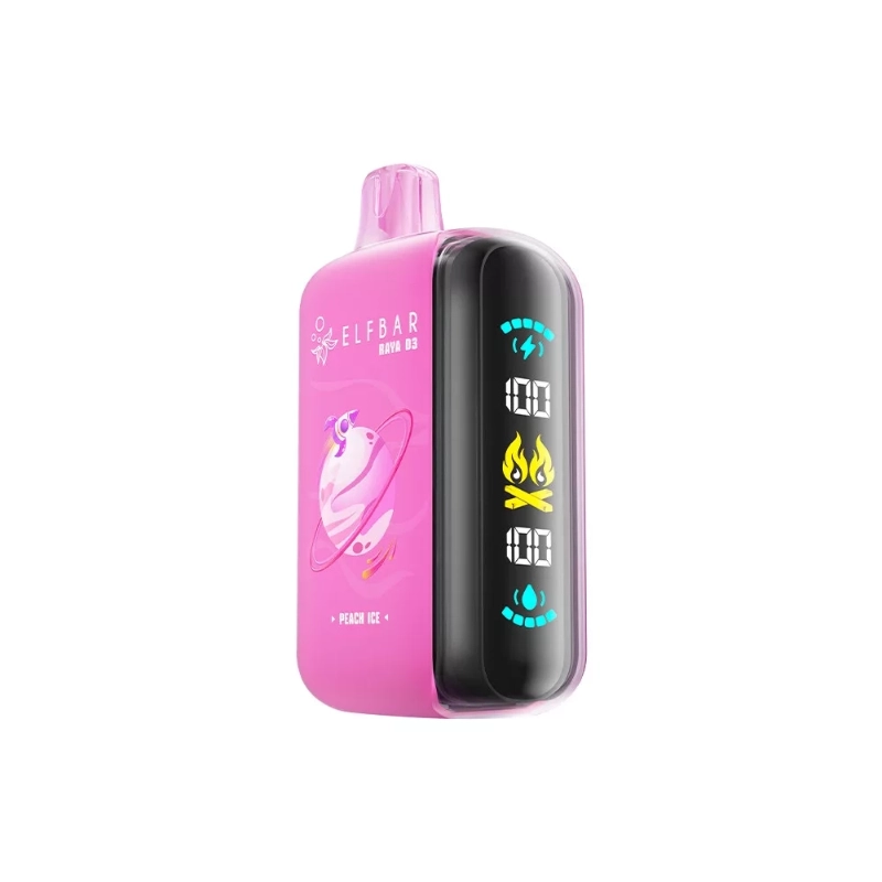 Elf Bar Raya D3 25000 Puffs Wegwerp Vape Groothandel 5 Roze ELFBAR D3 25000 puffs wegwerpvape in Peach Ice-design met planet artwork, geïntegreerd mondstuk en verticaal LED-scherm.