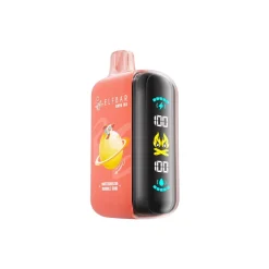 Elf Bar Raya D3 25000 Puffs Wegwerp Vape Groothandel 16 Koraalroze ELFBAR D3 25000 puffs wegwerp vape in Watermelon Bubble Gum kleur met planetair artwork, zichtbaar mondstuk en verticaal LED display.
