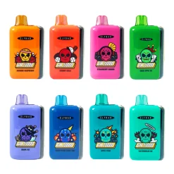 Åtta ELFBAR GH23000 engångsvapor i klara färger och med illustrerade smaketiketter med dödskalle-logo, placerade i två rader om fyra.