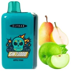 ELFBAR GH 23000 Puffs Diaposable Vape Mayorista 26 Vapeador desechable ELFBAR GH23000 teal etiquetado “Apple Pear” junto a manzanas verdes y peras maduras.