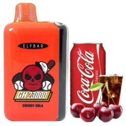 ELFBAR GH 23000 Puffs Diaposable Vape Mayorista 25 Vapeador desechable ELFBAR GH23000 naranja con la etiqueta “Cherry Cola” junto a cerezas y una lata y un vaso de cola.