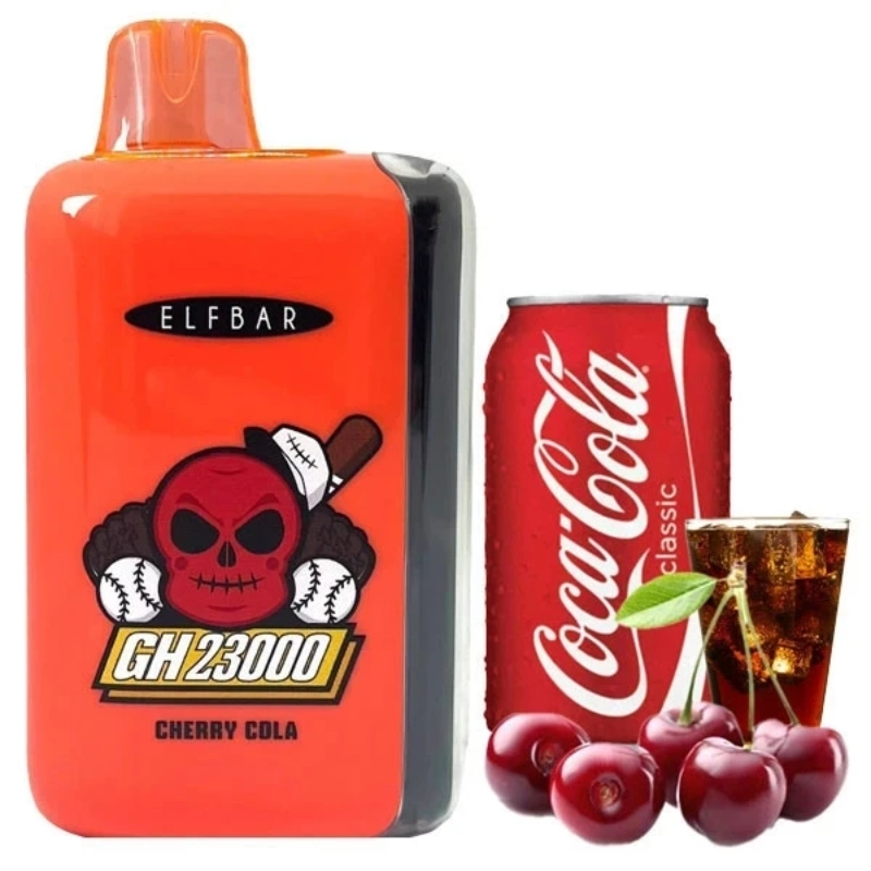 ELFBAR GH 23000 Puffs Diaposable Vape Mayorista 12 Vapeador desechable ELFBAR GH23000 naranja con la etiqueta “Cherry Cola” junto a cerezas y una lata y un vaso de cola.