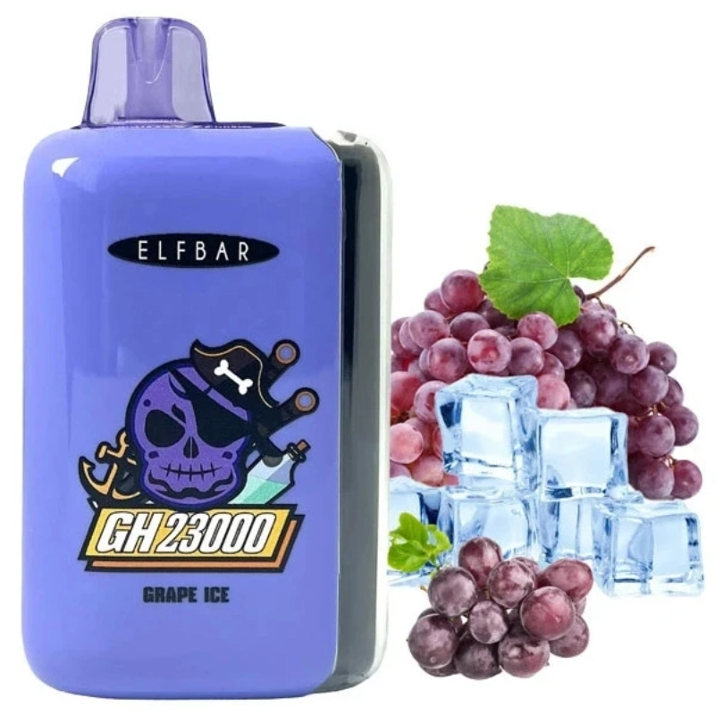 ELFBAR GH 23000 Puffs Diaposable Vape Mayorista 11 Vapeador desechable ELFBAR GH23000 de color morado con la etiqueta “Grape Ice” junto a racimos de uvas y cubitos de hielo.