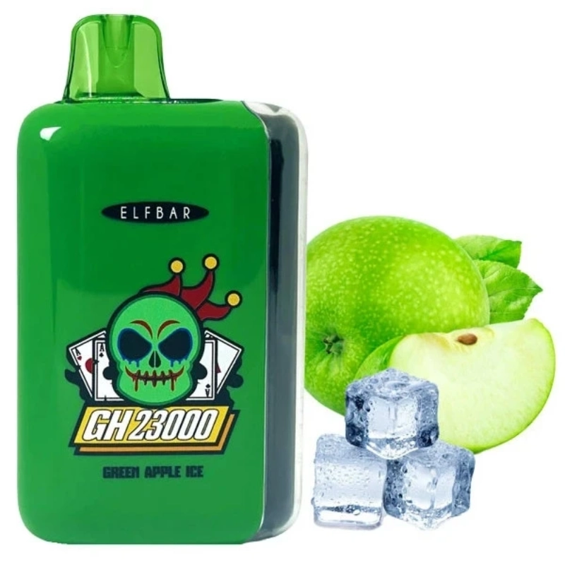ELFBAR GH 23000 Puffs Diaposable Vape Mayorista 10 Vapeador desechable ELFBAR GH23000 verde etiquetado “Green Apple Ice” junto a manzanas verdes y cubitos de hielo.