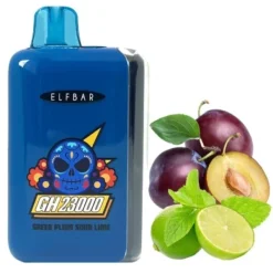 ELFBAR GH 23000 Puffs Diaposable Vape Mayorista 22 Vapeador desechable ELFBAR GH23000 azul con la etiqueta “Green Plum Sour Lime” junto a ciruelas enteras y cortadas por la mitad y limas en rodajas.