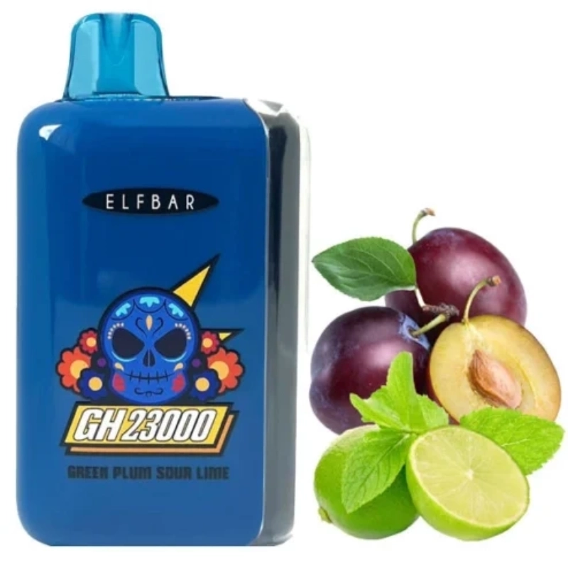 ELFBAR GH 23000 Puffs Diaposable Vape Mayorista 9 Vapeador desechable ELFBAR GH23000 azul con la etiqueta “Green Plum Sour Lime” junto a ciruelas enteras y cortadas por la mitad y limas en rodajas.