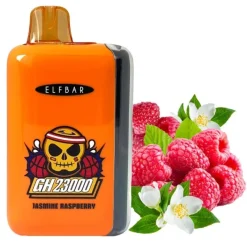ELFBAR GH 23000 Puffs Diaposable Vape Mayorista 21 Vapeador desechable ELFBAR GH23000 de color naranja con la etiqueta “Jasmine Raspberry” junto a frambuesas frescas y flores de jazmín.