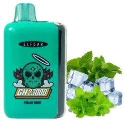 ELFBAR GH 23000 Puffs Diaposable Vape Mayorista 20 Vapeador desechable ELFBAR GH23000 teal etiquetado “Polar Mint” con cubitos de hielo y hojas de menta fresca.