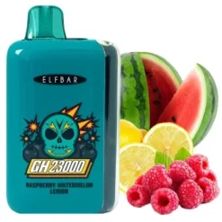 ELFBAR GH 23000 Puffs Diaposable Vape Mayorista 19 Vapeador desechable ELFBAR GH23000 teal etiquetado “Raspberry Watermelon Lemon” junto a frambuesas, rodajas de limón y trozos de sandía.