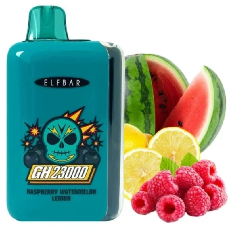 ELFBAR GH 23000 Puffs Diaposable Vape Mayorista 6 Vapeador desechable ELFBAR GH23000 teal etiquetado “Raspberry Watermelon Lemon” junto a frambuesas, rodajas de limón y trozos de sandía.