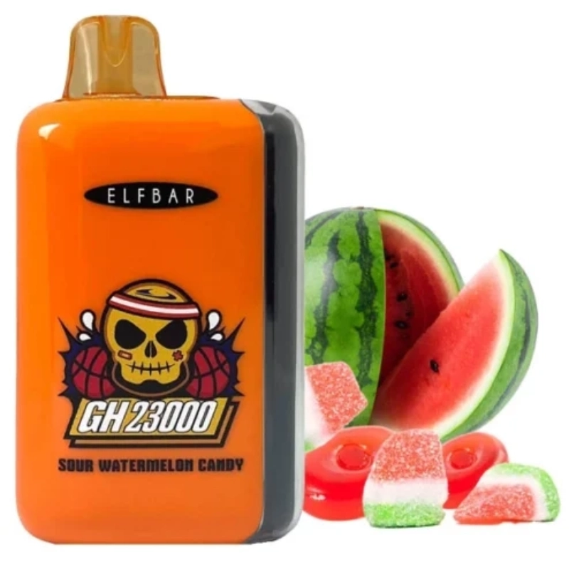 ELFBAR GH 23000 Puffs Diaposable Vape Mayorista 5 Vapeador desechable ELFBAR GH23000 naranja con la etiqueta “Sour Watermelon Candy” junto a rodajas de sandía y caramelos de sandía ácida.