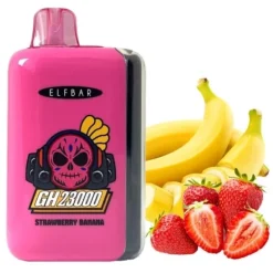 ELFBAR GH 23000 Puffs Diaposable Vape Mayorista 17 Vapeador desechable ELFBAR GH23000 rosa etiquetado “Strawberry Banana” con gráfico de calavera junto a fresas y plátanos frescos.