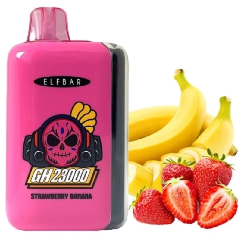 ELFBAR GH 23000 Puffs Diaposable Vape Mayorista 4 Vapeador desechable ELFBAR GH23000 rosa etiquetado “Strawberry Banana” con gráfico de calavera junto a fresas y plátanos frescos.