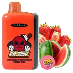 ELFBAR GH 23000 Puffs Diaposable Vape Mayorista 16 Vapeador desechable ELFBAR GH23000 de color naranja con la etiqueta “Strawberry Watermelon Bubble Gum” junto a fresas, rodajas de sandía y chicle rosa.