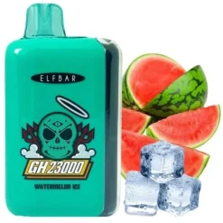 Turkis ELFBAR GH23000 engangs vape mærket “Watermelon Ice” med kraniegrafik ved siden af skiveskåret vandmelon og isterninger.