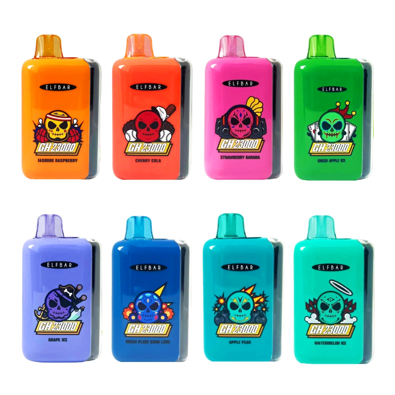 ELFBAR GH 23000 Puffs Diaposable Vape Mayorista 1 Ocho vaporizadores desechables ELFBAR GH23000 en brillantes colores surtidos y etiquetas de sabor con el logotipo de una calavera ilustrada, dispuestos en dos filas de cuatro.
