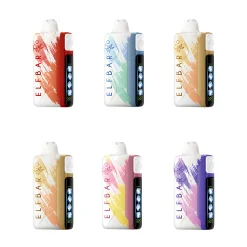 Sex ELFBAR Ice King uppladdningsbara engångsapparater i olika pastellfärgade mönster med smart display på framsidan - upp till 30.000 puffar vardera.