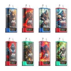 Home 15 Eight JNR Rage Gorilla disposable vapes in assorted flavors and colored bases, each featuring gorilla artwork on the device wrap and a small digital puff counter; flavors and nicotine warning text visible.