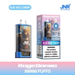 JNR Rage Gorilla 55000 Puffs eldobható Vape nagykereskedelem 16 JNR Rage Gorilla eldobható vape - Blue Razz Cherry íz - kék akcentusú készülék páncélozott gorilla grafikával és hozzá illő dobozzal, amelyen “55,000 PUFFS” és nikotin figyelmeztető címke látható.