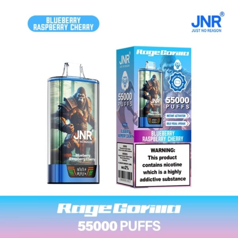 JNR Rage Gorilla 55000 Puffs eldobható Vape nagykereskedelem 7 JNR Rage Gorilla eldobható vape - Blueberry Raspberry Cherry íz - kék akcentusú készülék páncélozott gorilla grafikával és hozzá illő dobozban “55000 PUFFS” és nikotin figyelmeztető címkével.