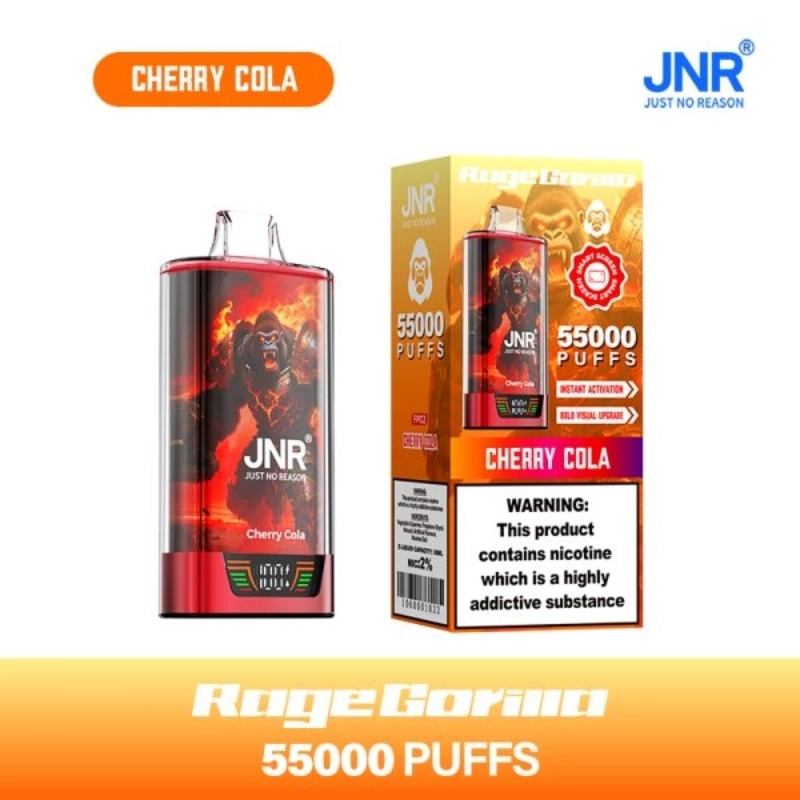 JNR Rage Gorilla 55000 Puffs eldobható Vape nagykereskedelem 6 JNR Rage Gorilla eldobható vape - Cherry Cola íz - piros akcentusú készülék tüzes gorilla grafikával és hozzá illő dobozban “55,000 PUFFS” és nikotin figyelmeztető címkével.