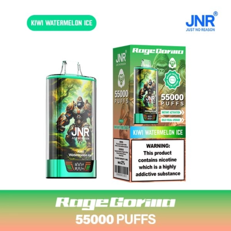 JNR Rage Gorilla 55000 Puffs eldobható Vape nagykereskedelem 5 JNR Rage Gorilla eldobható vape - Kiwi Watermelon Ice íz - zöld akcentusú készülék páncélozott gorilla grafikával és hozzá illő dobozban “55000 PUFFS” és nikotin figyelmeztető címkével.
