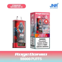 JNR Rage Gorilla disposable vape — Strawberry Watermelon Ice flavor — red‑accented device with gorilla artwork and matching box showing “55,000 PUFFS” and nicotine warning label.