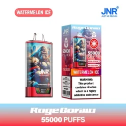 JNR Rage Gorilla 55000 Puffs eldobható Vape nagykereskedelem 17 JNR Rage Gorilla eldobható vape - görögdinnye jég íz - piros akcentusú készülék izmos gorilla grafikával és hozzá illő dobozban “55,000 PUFFS” és nikotin figyelmeztető címkével.
