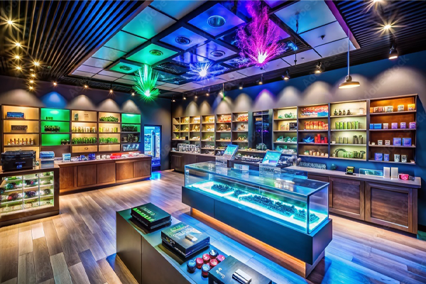 Kiedy wapowanie stało się znane? 5 Wnętrze sklepu Vape - Nowoczesny europejski sklep vape z kolorowymi wyświetlaczami jednorazowych i opartych na kapsułkach vape, reprezentujący ekspansję kanału detalicznego.