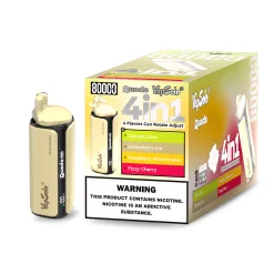 Vapsolo Quads 80000 Puffs 4 w 1 Jednorazowe Vape Hurtownia 20 Jasnożółte jednorazowe urządzenie VapSolo Quads 80000 4 w 1 obok kolorowego pudełka detalicznego przedstawiającego opcje smakowe z regulacją obrotową: Lemon Lime, Strawberry Ice, Raspberry Watermelon i Fizzy Cherry; opakowanie zawiera wyraźne ostrzeżenie o nikotynie.
