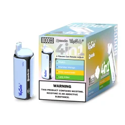Vapsolo Quads 80000 Puffs 4 w 1 Jednorazowe Vape Hurtownia 17 Jasnoniebieskie jednorazowe urządzenie VapSolo Quads 80000 4 w 1 i kolorowe pudełko detaliczne przedstawiające opcje smaku z regulacją obrotową: Mojito, Monster Mango, Pink Lemonade i Lady Killer; widoczne ostrzeżenie o nikotynie.