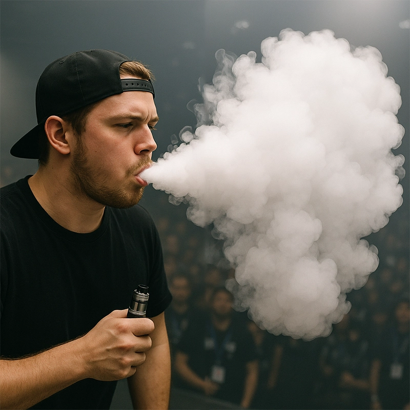Historien om Vaping: Från uppfinning till globalt fenomen 10 Delad bild: till vänster, ett tätt ångmoln vid en molnjaktstävling; till höger, en ungdomsorienterad folkhälsoreklam mot vapning.