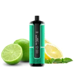 Vapeador desechable Al Fakher Crown Bar 15K Hypermax en color verde azulado (lima-limón) de pie de frente con contador digital de caladas; el fondo muestra rodajas de lima, limón y hojas de menta para sugerir un sabor cítrico-mentolado.