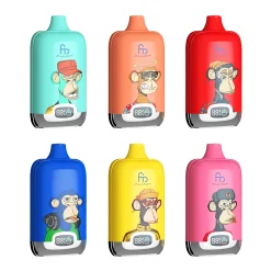 Fumot Digital Box engångsvapor i sex färgglada designer med stiliserad apgrafik och en frontmonterad digital puffräknare; kompakta rundade rektangulära enheter i teal, orange, röd, blå, gul och rosa.